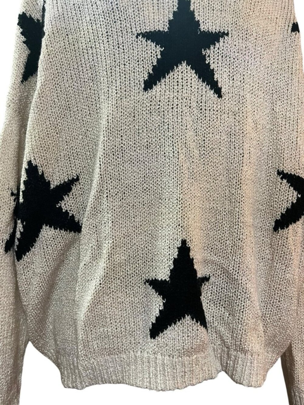Beige Black Star Accent Crewneck Pullover Sweater Starry Preppy Neutral Sz M - Picture 3 of 6